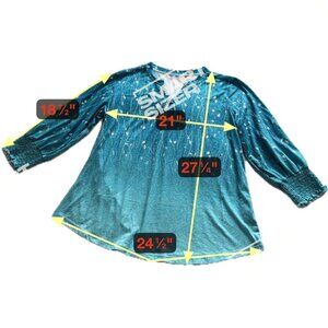 LOMON Teal Floral Tunic Top L Smocked Sleeve Boho Stretch Knit Blouse Women's